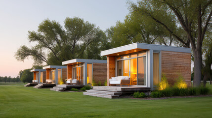 Modern Lodgings at Dusk: A row of contemporary cabins or small houses nestled in a green lawn, their warm interior lights gently illuminating the twilight scene.
