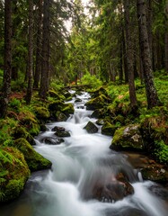 Forest stream flowing through rocks
