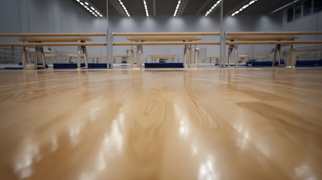 Empty indoor gymnasium with wooden floor and parallel bars