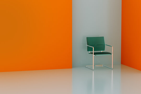 Transparent chair against vibrant orange background in isolated space