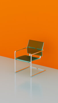 Transparent chair against vibrant orange background in isolated space
