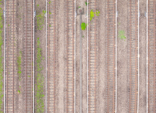 Aerial View of Parallel Railway Tracks with Vegetation