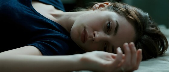 Depressed young woman lying on floor feeling despair and hopelessness in dark room for mental health campaign