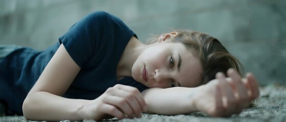 Depressed young woman lying on the ground feeling despair and hopelessness mental health awareness campaign image