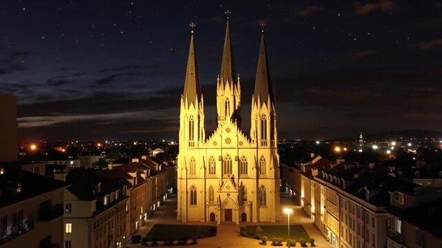 Stunning Aerial View of a Grand Gothic Cathedral Illuminated Against a Starry Night Sky