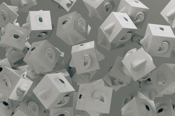 Floating cube highlights diverse abstract facial features