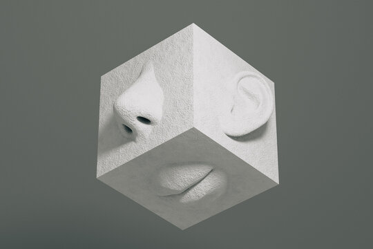 Abstract cube featuring different parts of the face in clean design