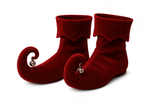 Pair of red elf shoes with bells on transparent background