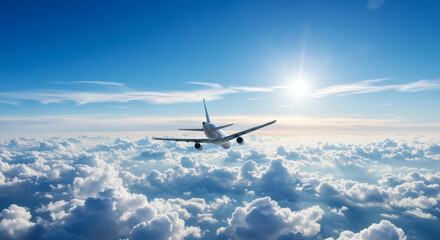 Obraz premium Silhouette of the plane flying in the sky, in beams of the sun, a cloud 03