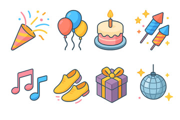 Party celebration flat icon set. featuring confetti, balloons, cake, fireworks, music, shoes, gift, disco ball