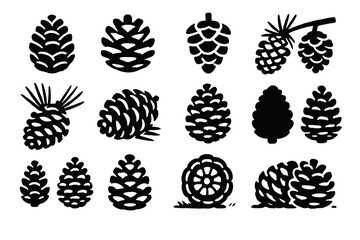 Nature silhouette icon set. featuring pine cones, needles, cedar, fir, spruce, and evergreen symbols