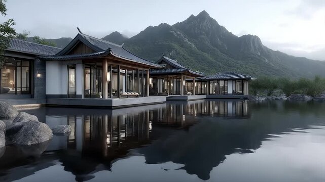 Tranquil Lakeside Chinese Architectural Complex Reflecting Picturesque Landscape