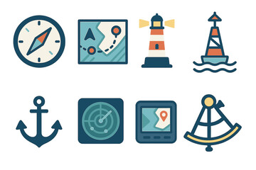 Nautical flat icon set. featuring compass, map, lighthouse, buoy, anchor, radar, gps, sextant symbols