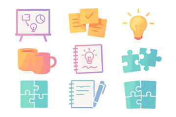 Business creativity flat icon set. featuring presentation, sticky notes, idea, coffee, notebook, and puzzle symbols