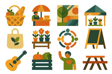 Market and nature flat icon set. featuring basket, stall, garden, tote, flowers, community, guitar, produce, sign, picnic