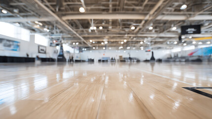 Empty indoor sports arena with polished wooden floor and high ceiling