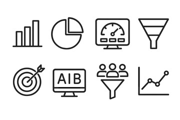 Business analytics linear icon set. featuring chart, pie, dashboard, funnel, target, meeting, and growth symbols