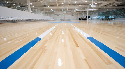 Empty indoor basketball court with polished wooden floor and blue lane markings