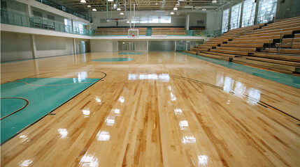 Empty indoor basketball court with wooden flooring and bleachers