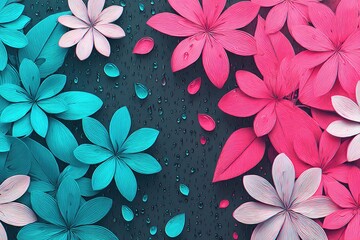 Vibrant flowers in teal, pink, and blush,  layered over a dark background speckled with water droplets