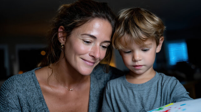 A touching moment showing a mother reading to her son, with a warm expression, fostering learning and exploration through artistic activities in a cozy environment.