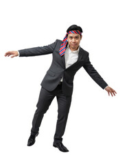Businessman in a suit with a tie as a headband, balancing playfully. Represents individuality, stress relief, or navigating challenges in business.