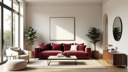 Fototapeta premium Modern living room, featuring a deep burgundy velvet sofa, with a neutral color palette, a large window, and a statement mirror.