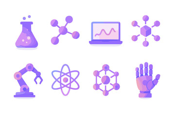 Science and technology gradient icon set. featuring test tube, molecule, laptop, atom, robotic arm, and binary code symbols