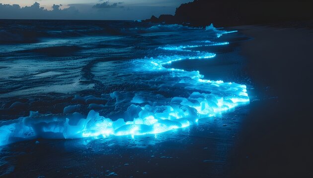 Bioluminescent Waves Crash on a Tropical Beach at Dusk