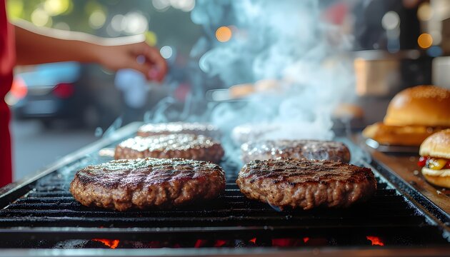 Grilling Juicy Burger Patties on a Hot BBQ Grill with Smoke Rising