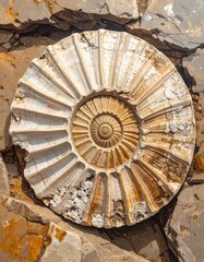 Fossilized spiral shell on stone