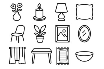 Home decor linear icons set. featuring vase, candle, lamp, pillow, chair, plant, picture, mirror, curtain, table, rug, bowl