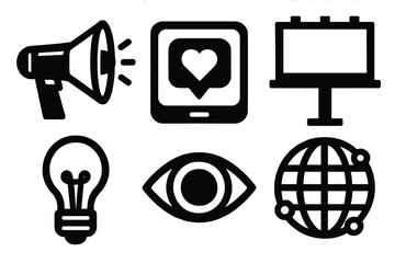 Marketing and communication silhouette icon set. featuring megaphone, tablet, billboard, lightbulb, eye, and globe icons