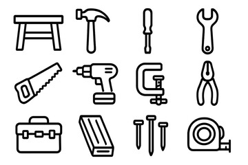 Fototapeta premium Workshop tools linear icon set. featuring hammer, wrench, screwdriver, saw, drill, and pliers symbols