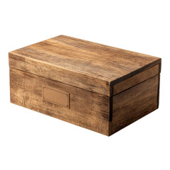 A rustic wooden box with a textured surface and visible wood grain presented as an isolated object on a transparent background isolated on transparent background