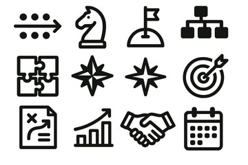 Business strategy silhouette icon set. featuring direction, chess, target, puzzle, analytics, and calendar symbols