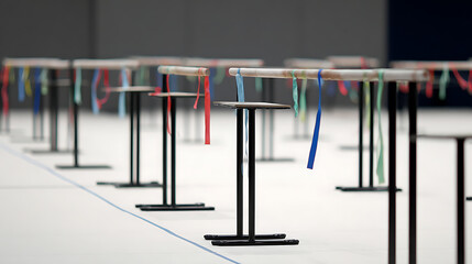 Rows of parallel bars with colorful ribbons in an indoor training facility