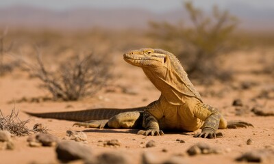 Fototapeta premium Desert monitor lizard basking in sun-drenched sands