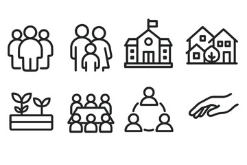 Obraz premium Community and housing linear icon set. featuring people, family, school, houses, gardening, teamwork, communication