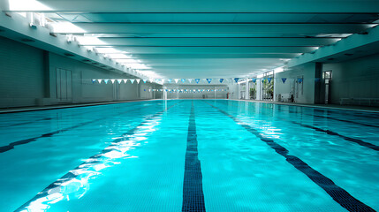 Obraz premium Indoor swimming pool with clear blue water and lane markings under bright lighting