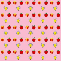 Seamless Pattern of Apples, Gift Boxes, and Light Bulbs on Pink Background