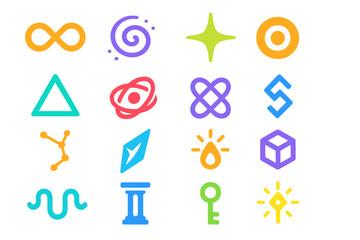 Abstract symbols silhouette icon set. featuring infinity, spiral, star, triangle, planet, loop, and key icons
