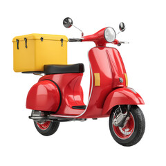 Obraz premium Bright red vintage scooter with a yellow delivery box on the back perfect for food delivery services isolated on transparent background