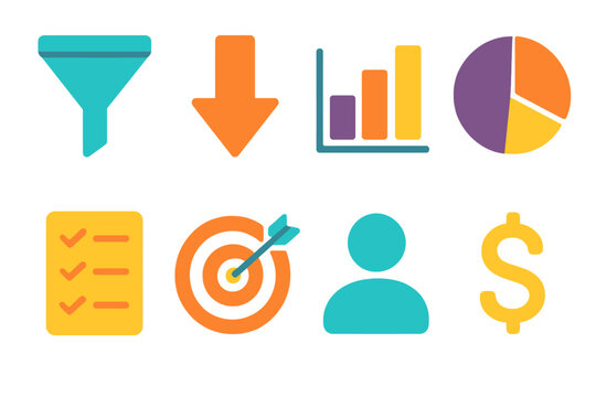 Business analytics flat icon set. featuring filter, download, graph, pie chart, checklist, target, user, dollar symbols