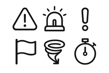 Emergency and alert silhouette icons set. featuring warning, siren, exclamation, flag, tornado, and stopwatch