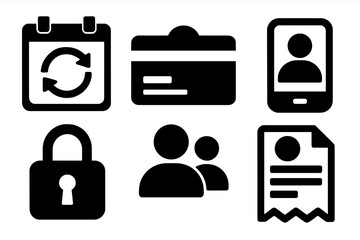 Business tools silhouette icon set. featuring calendar, id card, smartphone, lock, group, document symbols