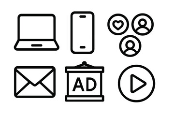 Business communication linear icon set. featuring laptop, smartphone, social, email, advertisement, and play symbols