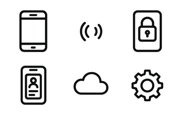 Silhouette icons set. featuring smartphone, signal, lock, contact card, cloud, and gear symbols.