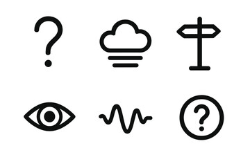 Mystery elements silhouette icon set. featuring question mark, cloud, road sign, eye, wave, and circle question symbols.