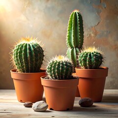 Four cacti in terracotta pots